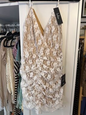 Lulu's White Lace Ruched V-Neck Mini Dress with Tan Lining